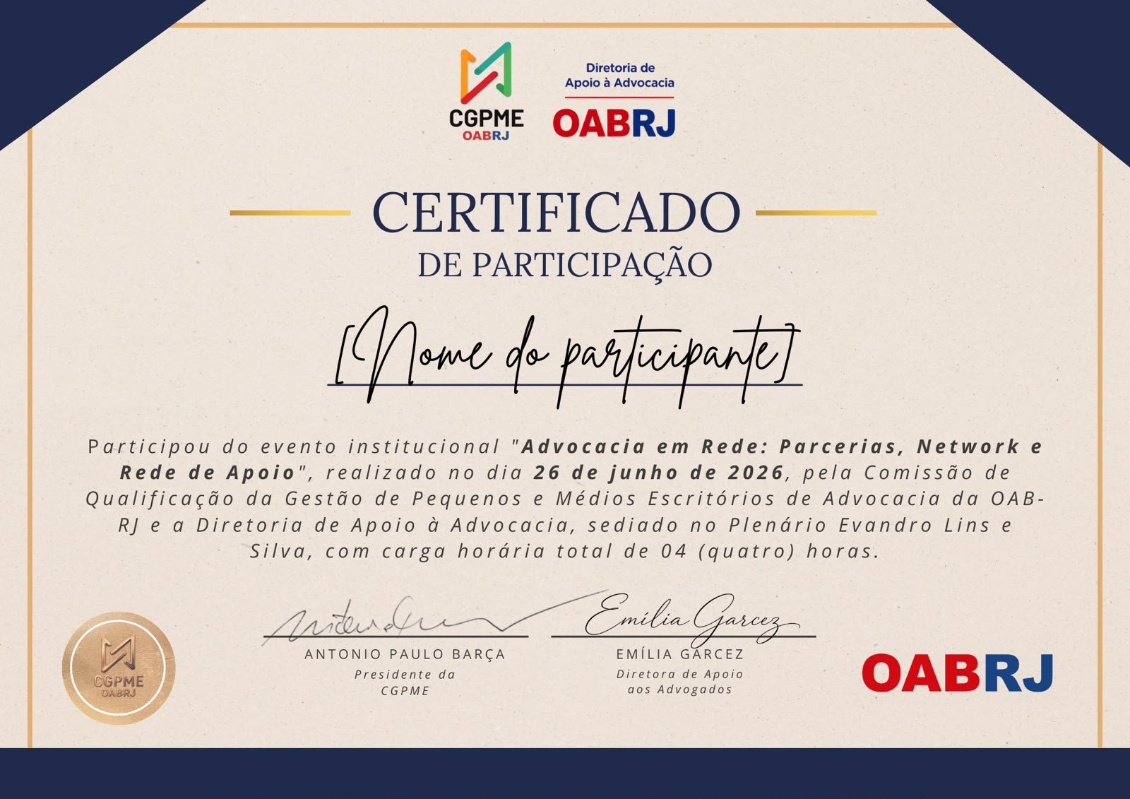 Certificado de Participação — Advocacia em Rede: Parcerias, Network e Rede de Apoio — CGPME OAB/RJ